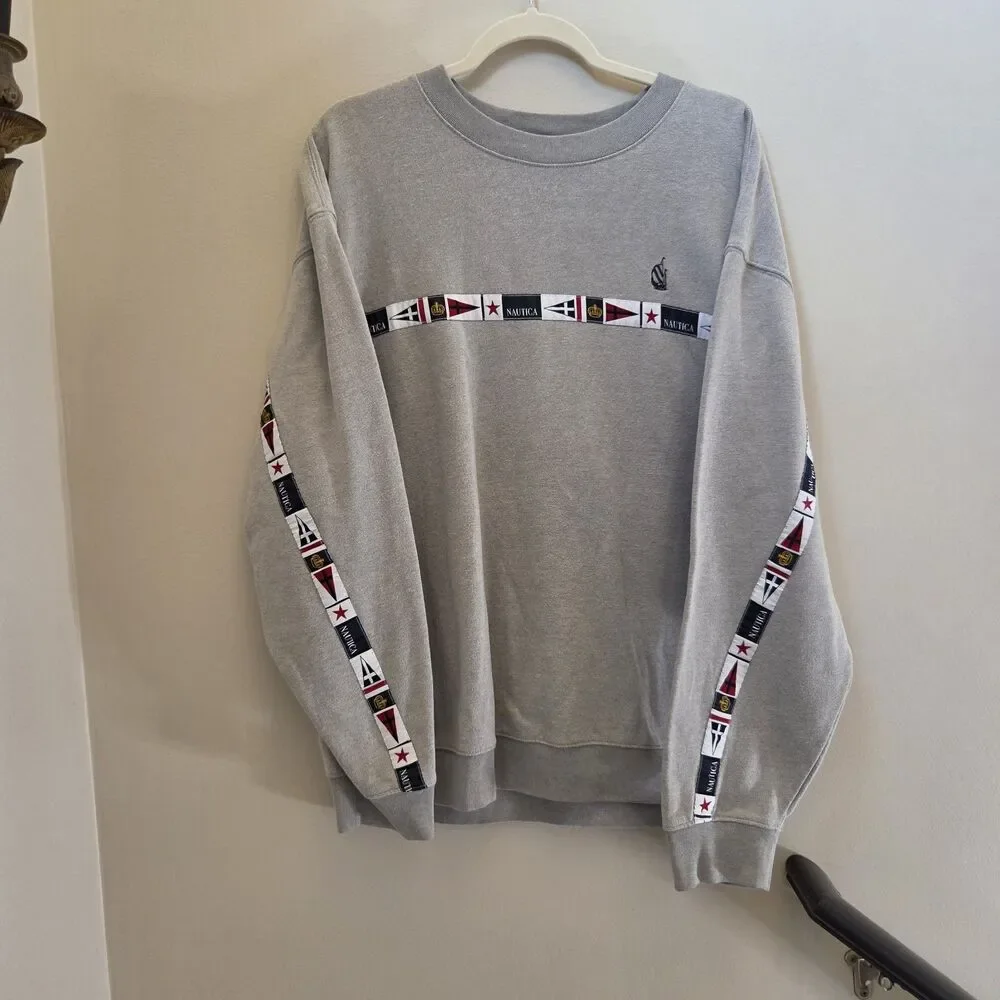 Nautica Mens Grey Sailing Flag Tape Crewneck Sweatshirt Sz XL Retro Preppy